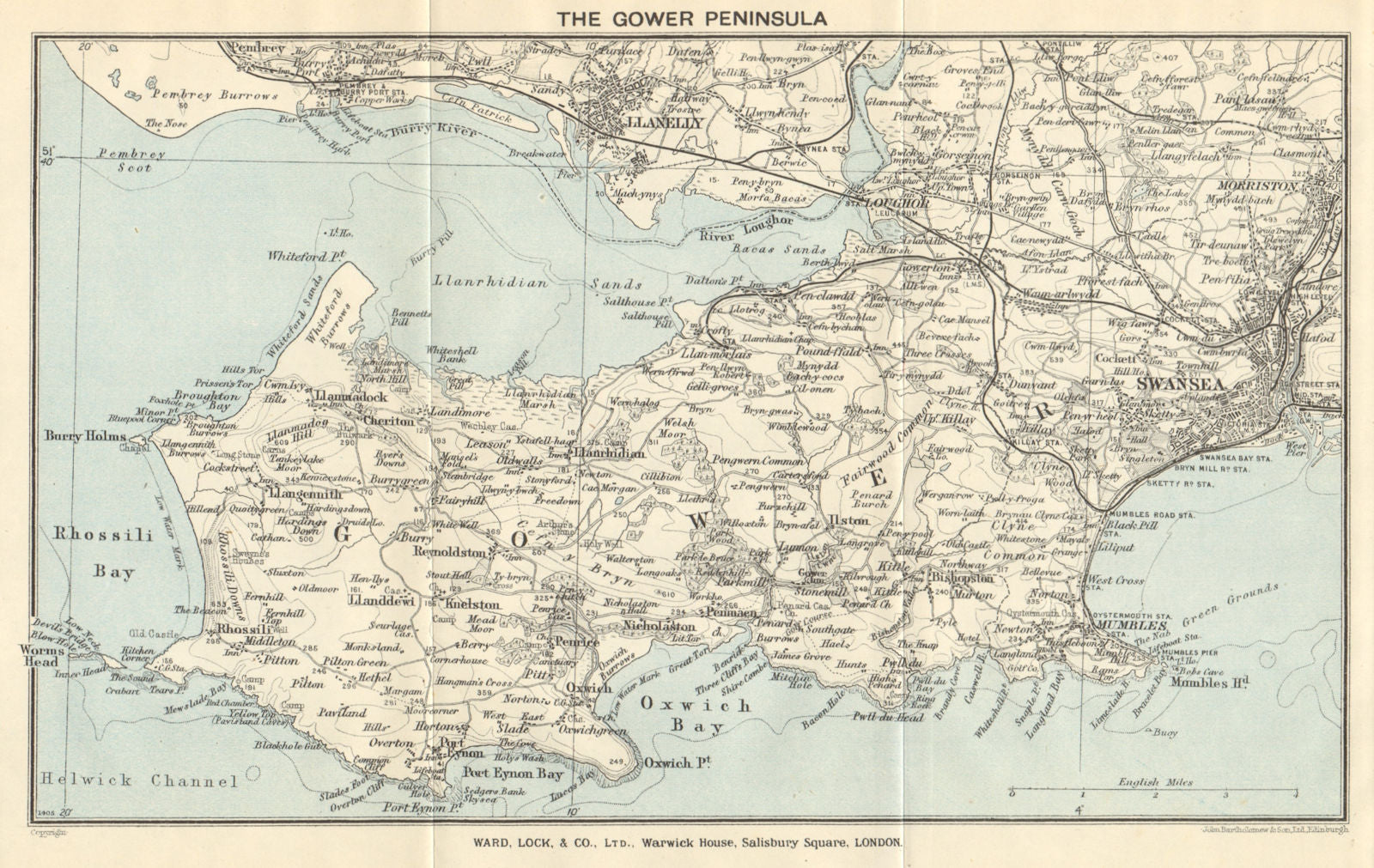 THE GOWER PENINSULA. Llanelli Swansea Mumbles. Wales. WARD LOCK 1936 old map